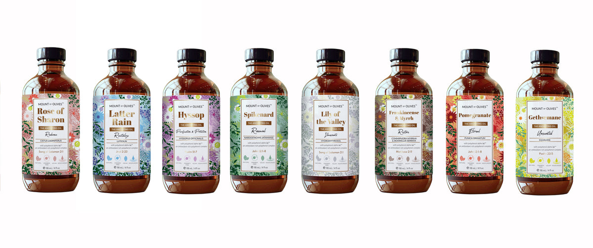 Mount of Olives complete anointing oil collection - nine biblical oil blends handcrafted with cosmeceuticals from sacred botanicals