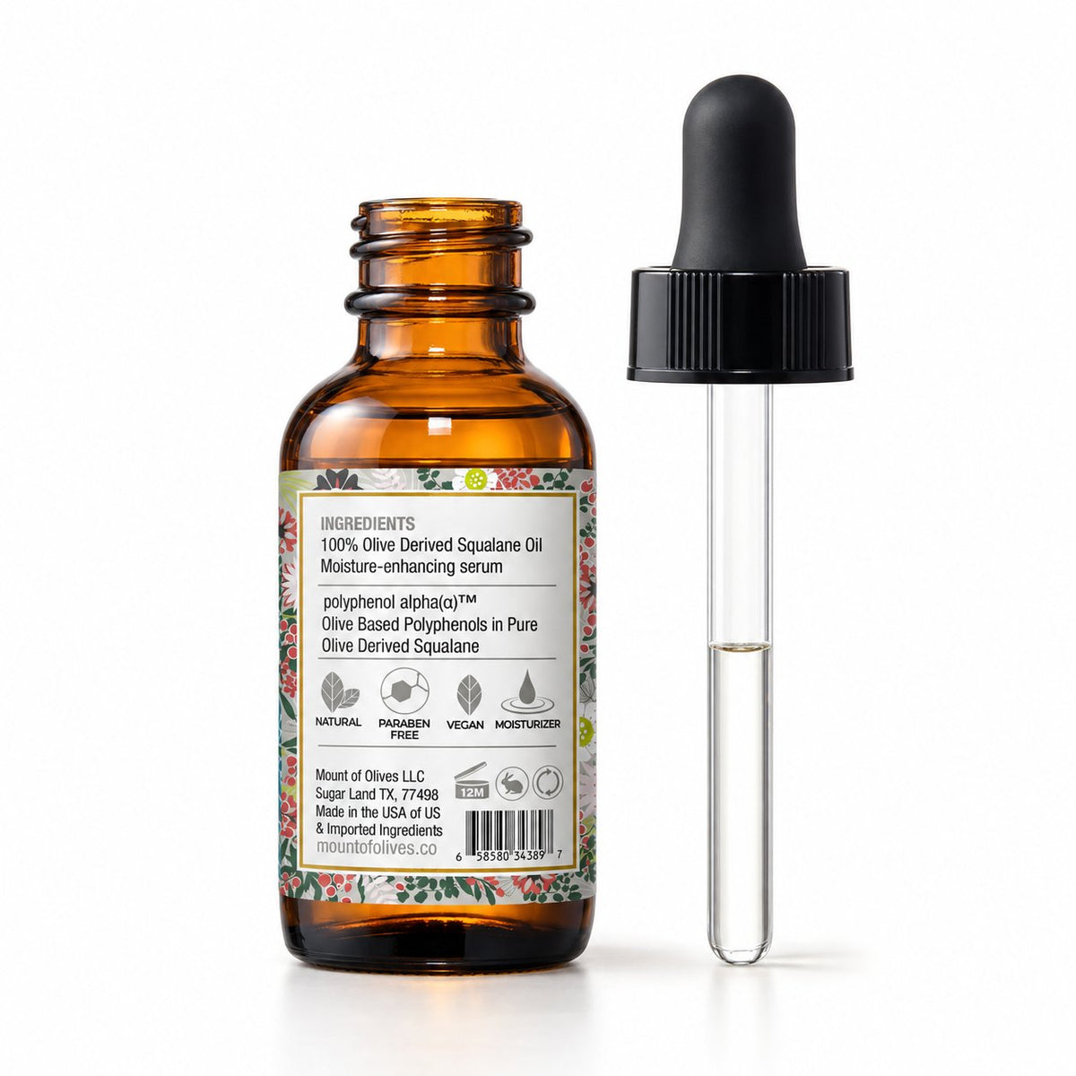 Mount of Olives 100% Squalane Oil, open 1 fl oz amber bottle showing ingredients label beside its glass dropper
